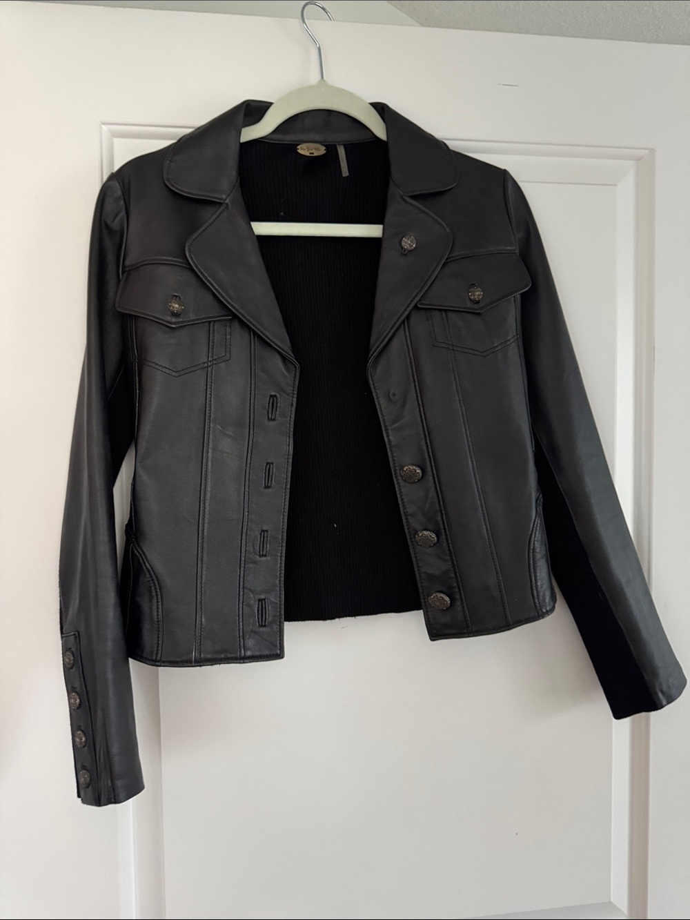 Black Leather Button-Front Jacket ribbed back